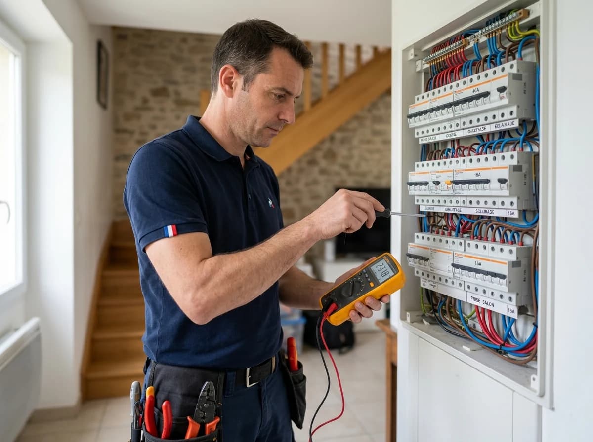 Électricien réparant un tableau électrique dans une maison des Yvelines